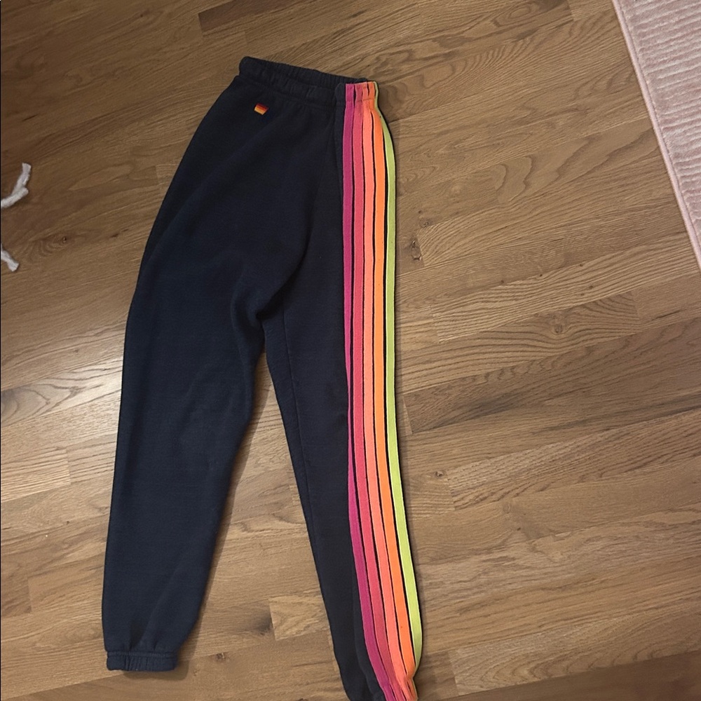 Aviator Nation Navy Sweatpants with Pink orange and yellow Stripe